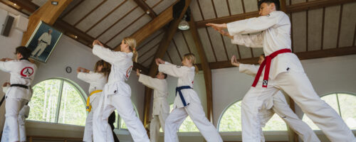 Elever træner kampsport i dojo'en